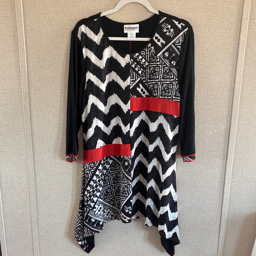Serengeti Zig Zag Patchwork Tunic Top Boho Hanky Hem Artsy Chic Flowy Large
